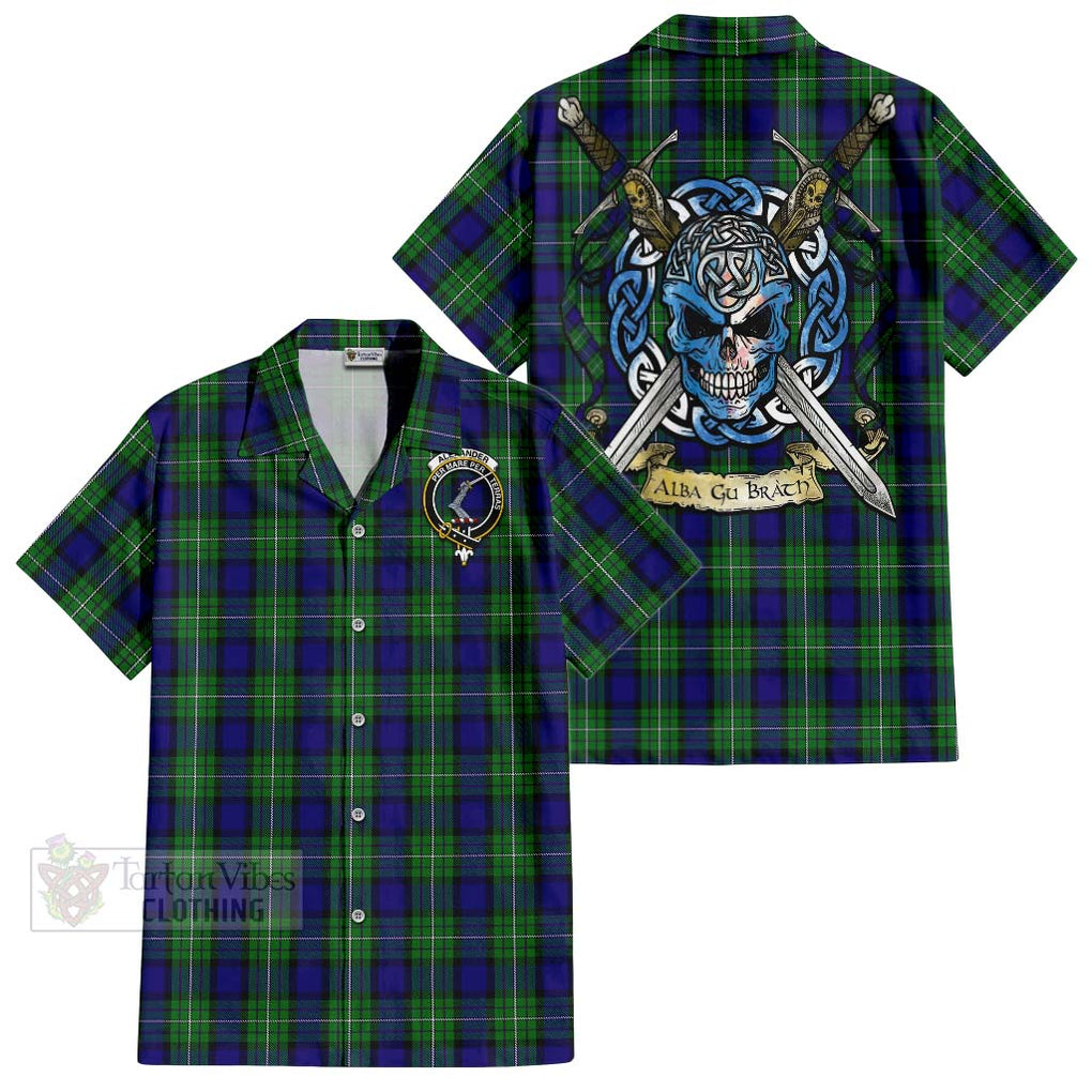 Tartan Vibes Clothing Alexander Tartan Short Sleeve Button Shirt with Family Crest Celtic Skull Style