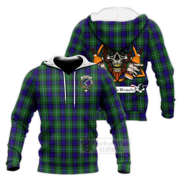 Tartan Vibes Clothing Alexander Tartan Knitted Hoodie with Family Crest and Bearded Skull Holding Bottles of Whiskey