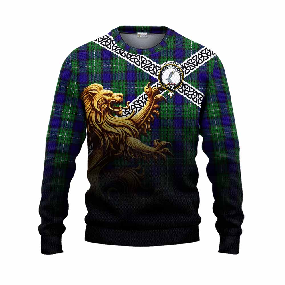 Tartan Vibes Clothing Alexander Crest Tartan Knitted Sweater with Golden Lion Emblem Celtic Style