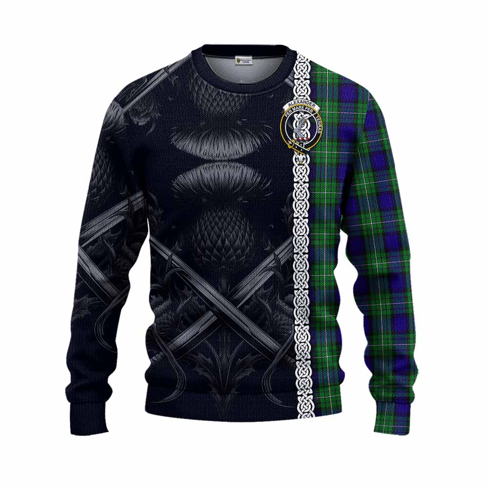 Tartan Vibes Clothing Alexander Tartan Knitted Sweater with Family Crest Cross Sword Thistle Celtic Vibes