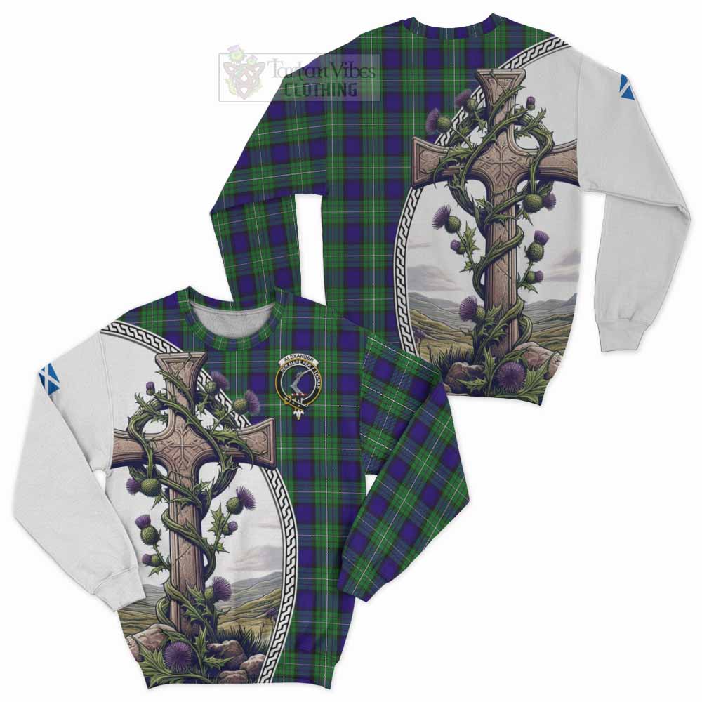 Tartan Vibes Clothing Alexander Tartan Sweatshirt with Family Crest and St. Andrew's Cross Accented by Thistle Vines