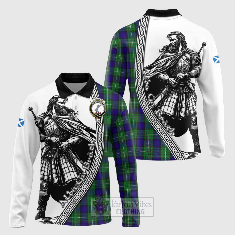 Tartan Vibes Clothing Alexander Tartan Clan Crest Long Sleeve Polo Shirt with Highlander Warrior Celtic Style