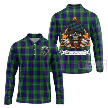 Tartan Vibes Clothing Alexander Tartan Long Sleeve Polo Shirt with Family Crest and Bearded Skull Holding Bottles of Whiskey