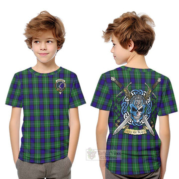 Tartan Vibes Clothing Alexander Tartan Kid T-Shirt with Family Crest Celtic Skull Style