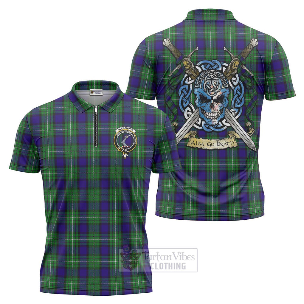 Tartan Vibes Clothing Alexander Tartan Zipper Polo Shirt with Family Crest Celtic Skull Style