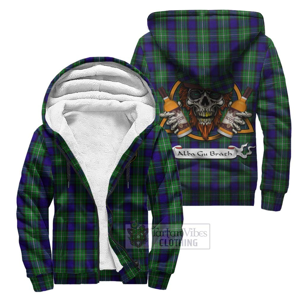 Tartan Vibes Clothing Alexander Tartan Sherpa Hoodie with Family Crest and Bearded Skull Holding Bottles of Whiskey