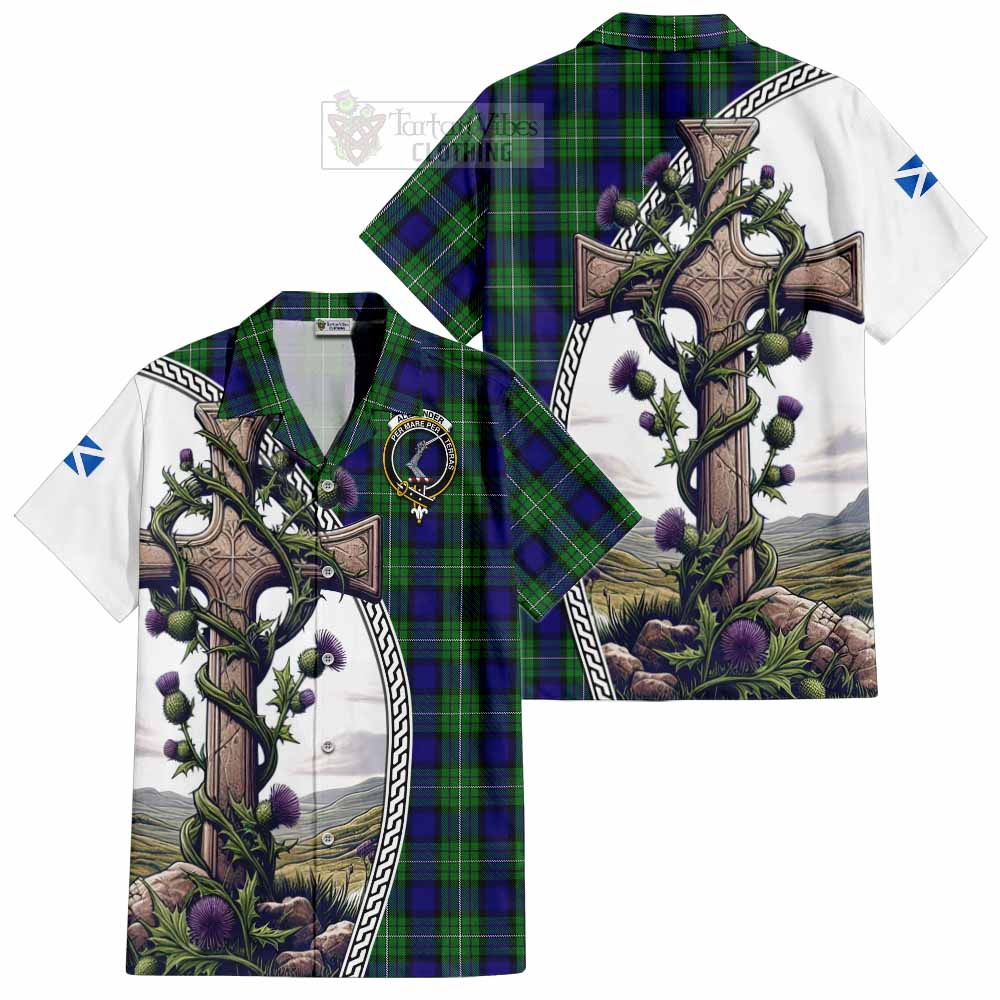 Tartan Vibes Clothing Alexander Tartan Short Sleeve Button Shirt with Family Crest and St. Andrew's Cross Accented by Thistle Vines