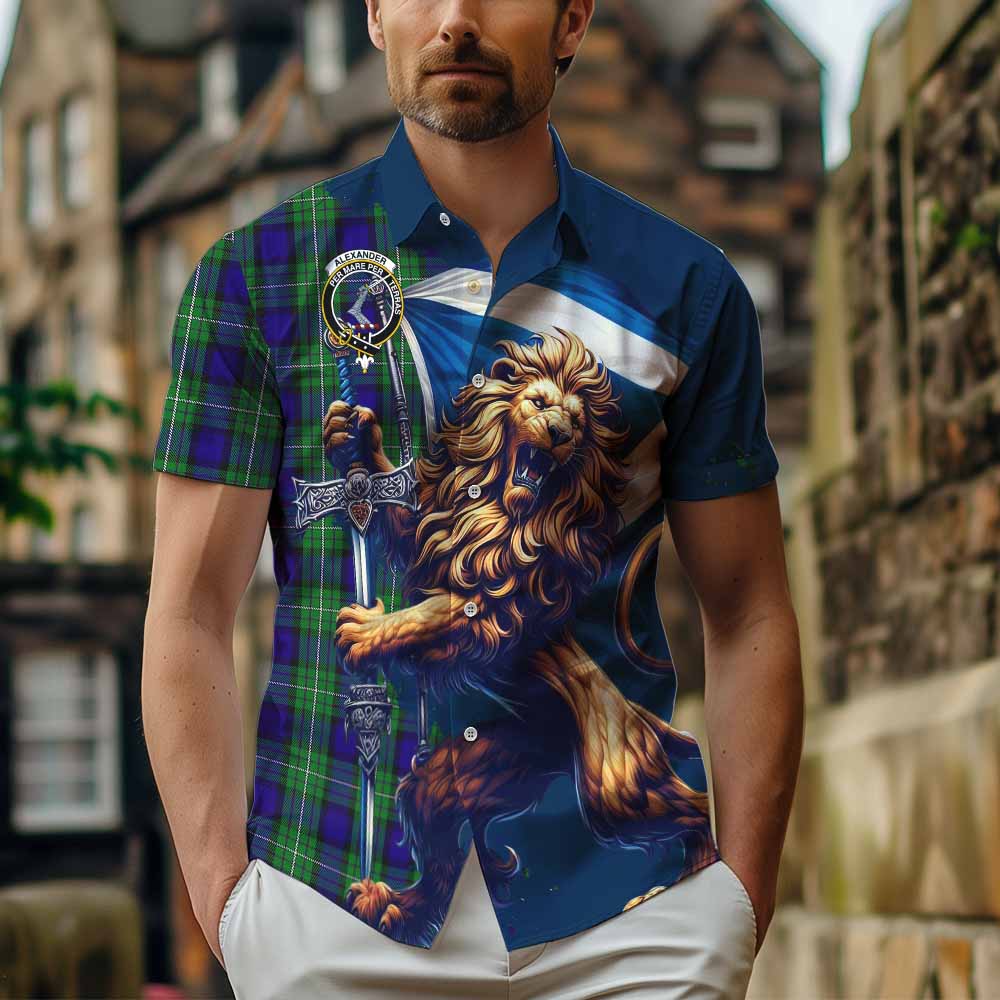 Tartan Vibes Clothing Alexander Tartan Family Crest Short Sleeve Button Shirt with Scottish Majestic Lion