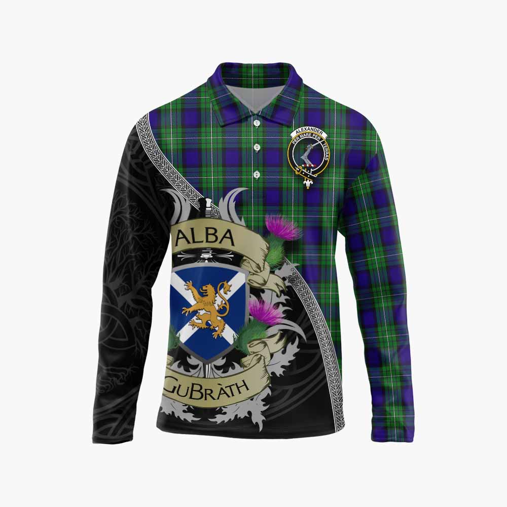 Tartan Vibes Clothing Alexander Tartan Family Crest Long Sleeve Polo Shirt Lion Rampant Royal Thistle Shield Celtic Inspired