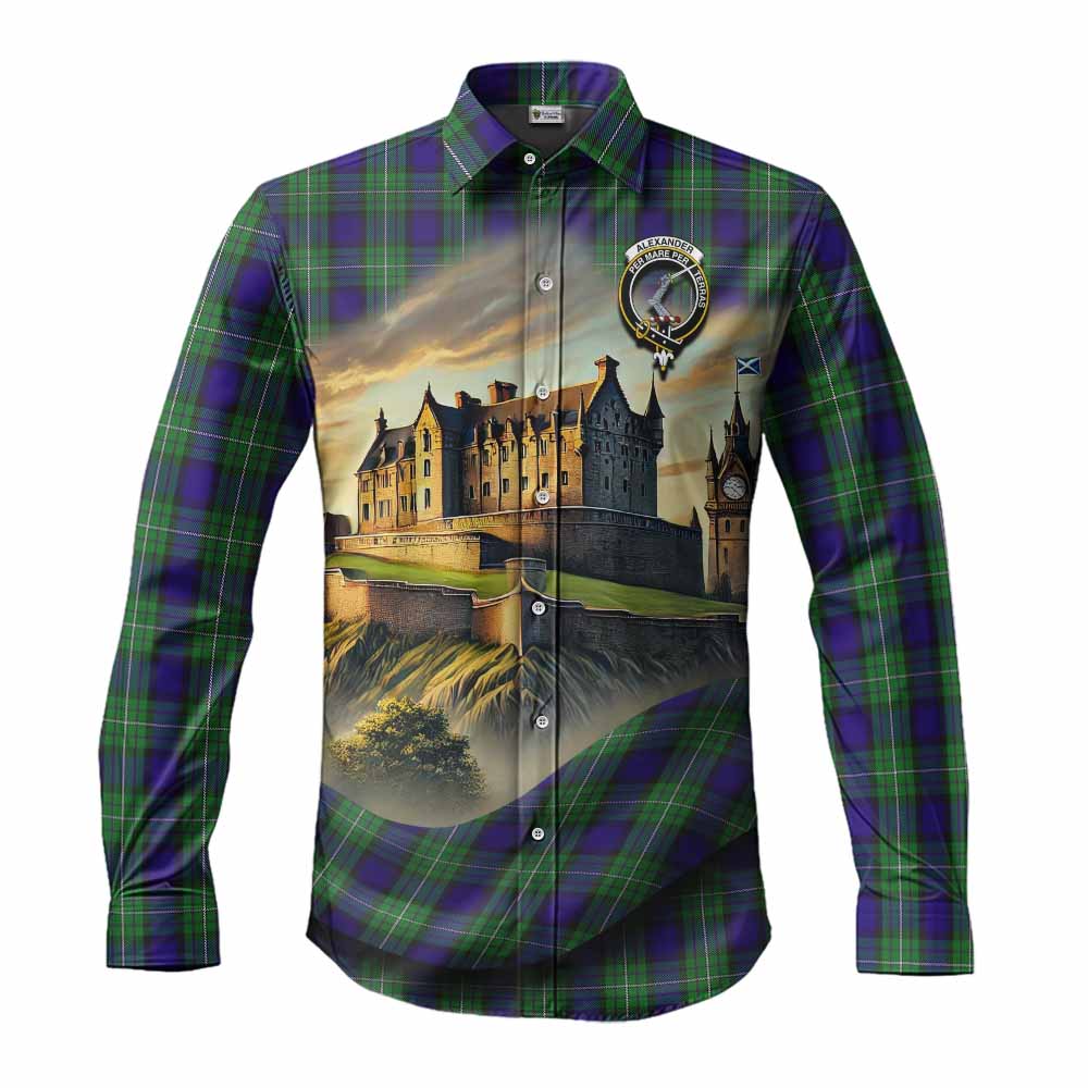 Tartan Vibes Clothing Alexander Tartan Family Crest Long Sleeve Button Shirt with Scottish Ancient Castle Style