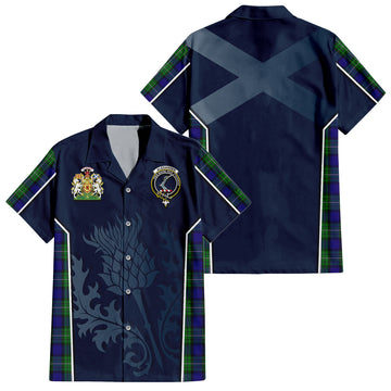 Alexander Tartan Short Sleeve Button Up Shirt with Family Crest and Scottish Thistle Vibes Sport Style