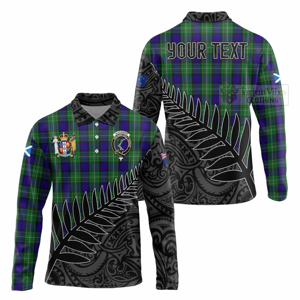 Tartan Vibes Clothing Alexander Crest Tartan Long Sleeve Polo Shirt with New Zealand Silver Fern Half Style