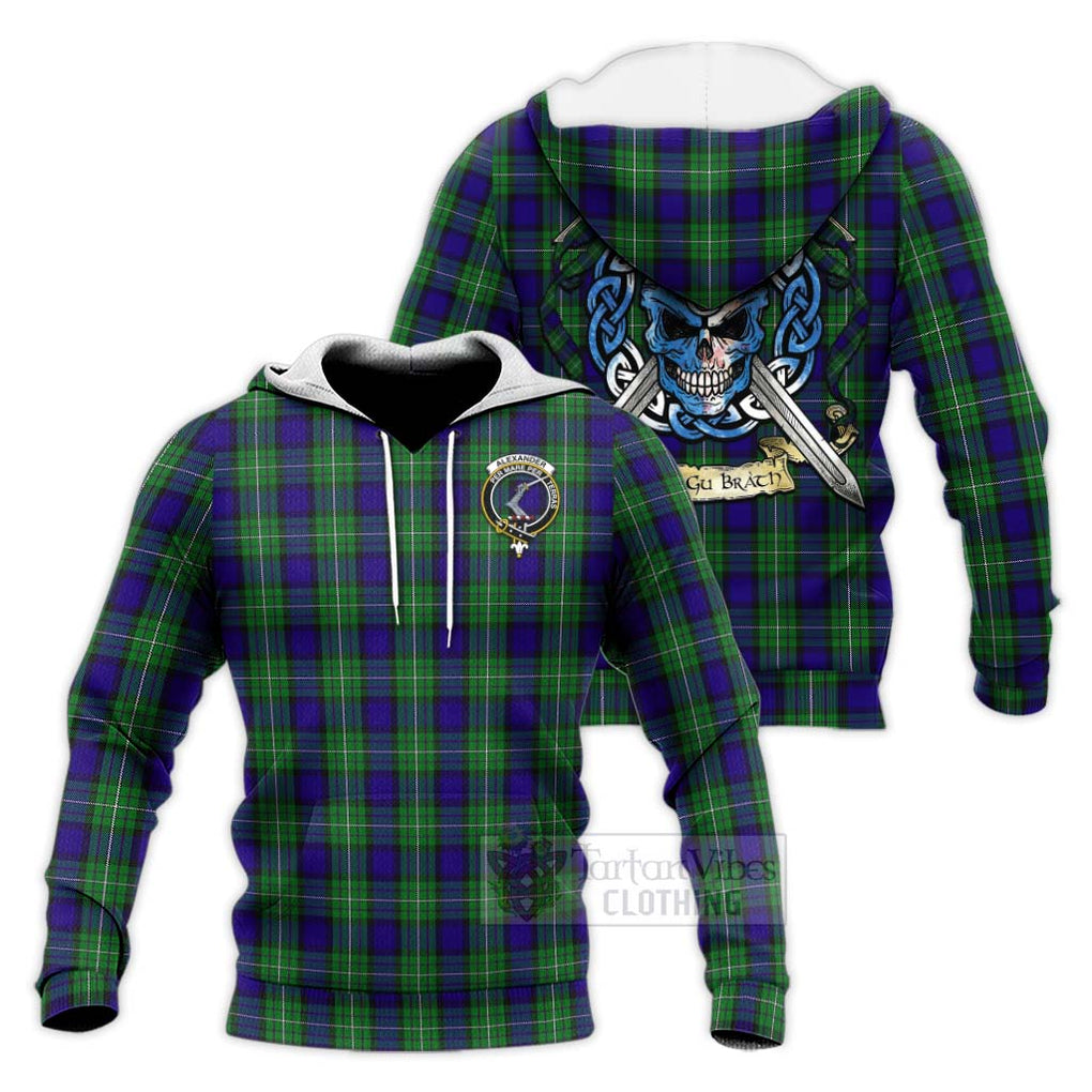 Tartan Vibes Clothing Alexander Tartan Knitted Hoodie with Family Crest Celtic Skull Style