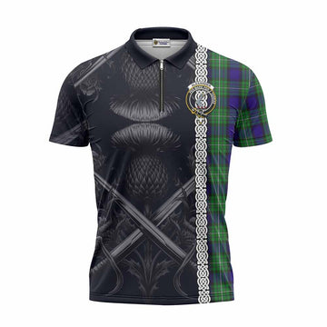 Tartan Vibes Clothing Alexander Tartan Zipper Polo Shirt with Family Crest Cross Sword Thistle Celtic Vibes