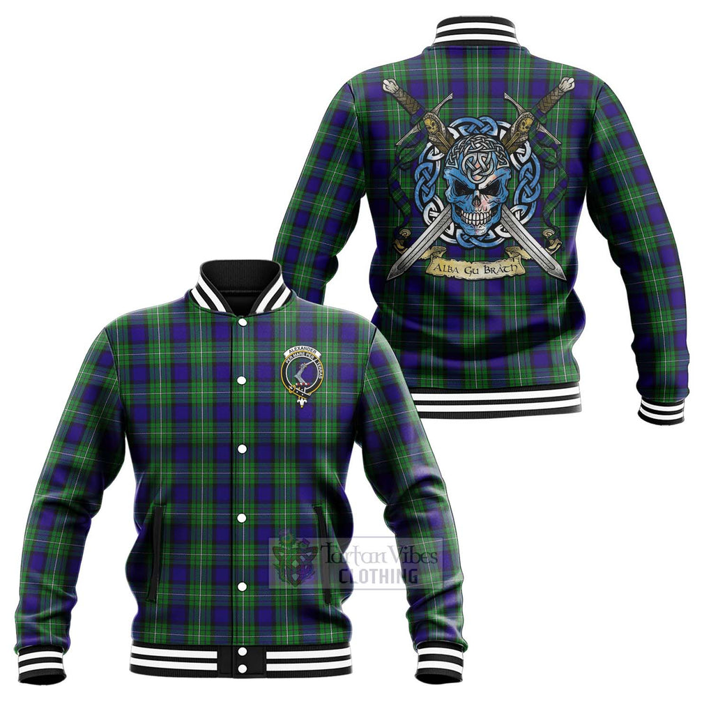 Tartan Vibes Clothing Alexander Tartan Baseball Jacket with Family Crest Celtic Skull Style