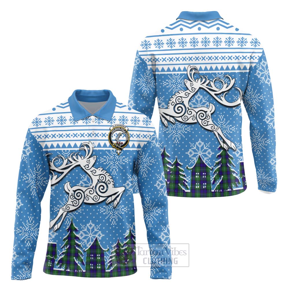 Tartan Vibes Clothing Alexander Clan Christmas Long Sleeve Polo Shirt Celtic Reindeer Style