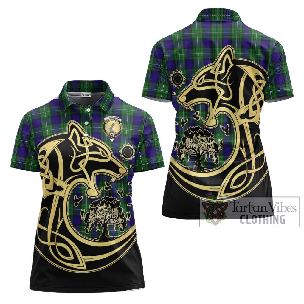 Alexander Tartan Women's Polo Shirt with Family Crest Celtic Wolf Style Women - Tartanvibesclothing Shop