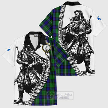 Tartan Vibes Clothing Alexander Tartan Clan Crest Short Sleeve Button Shirt with Highlander Warrior Celtic Style