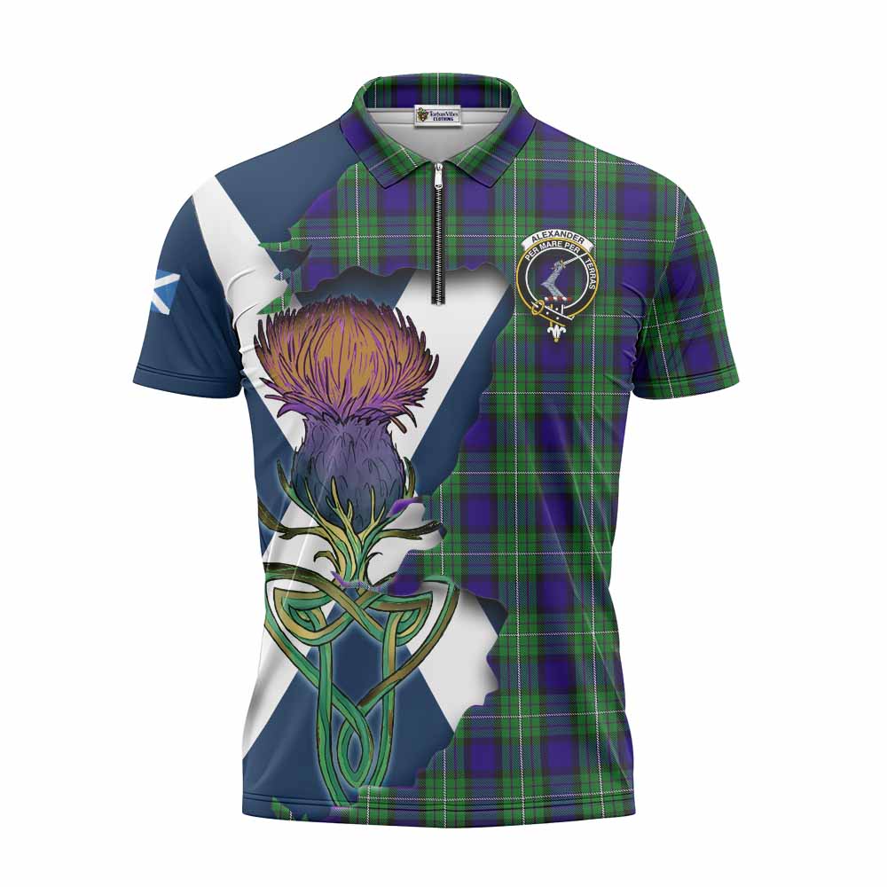 Tartan Vibes Clothing Alexander Tartan Family Crest Zipper Polo Shirt Scottish Thistle Celtic Inspired