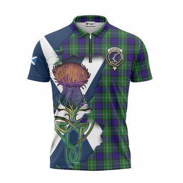 Tartan Vibes Clothing Alexander Tartan Family Crest Zipper Polo Shirt Scottish Thistle Celtic Inspired