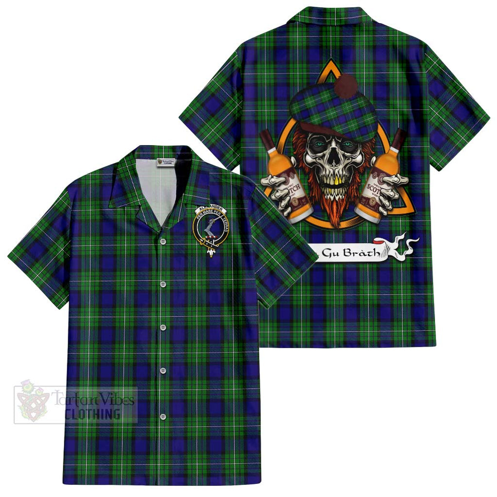 Tartan Vibes Clothing Alexander Tartan Short Sleeve Button Shirt with Family Crest and Bearded Skull Holding Bottles of Whiskey