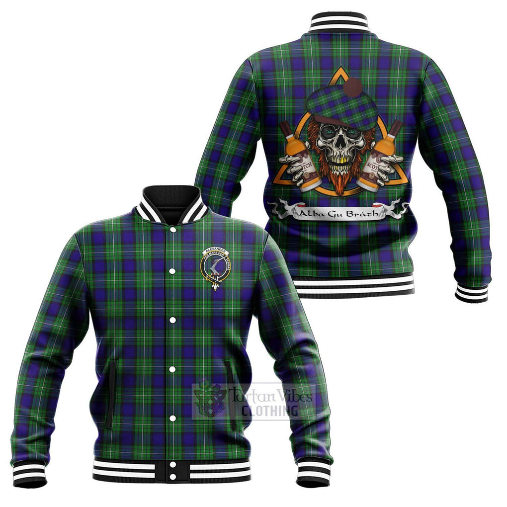 Tartan Vibes Clothing Alexander Tartan Baseball Jacket with Family Crest and Bearded Skull Holding Bottles of Whiskey