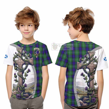 Tartan Vibes Clothing Alexander Tartan Kid T-Shirt with Family Crest and St. Andrew's Cross Accented by Thistle Vines