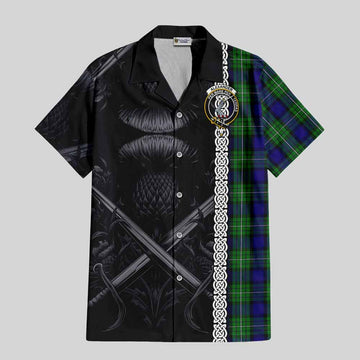 Tartan Vibes Clothing Alexander Tartan Short Sleeve Button Shirt with Family Crest Cross Sword Thistle Celtic Vibes