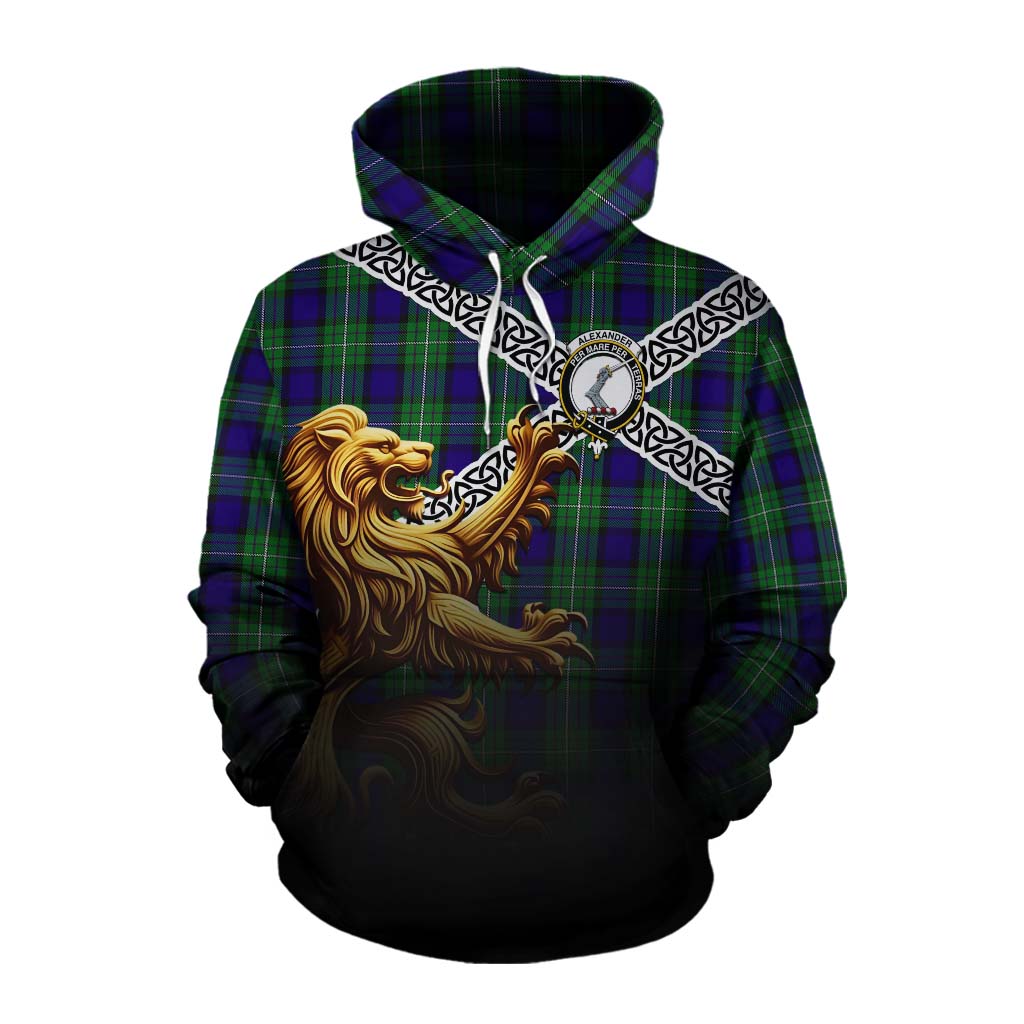Tartan Vibes Clothing Alexander Crest Tartan Cotton Hoodie with Golden Lion Emblem Celtic Style