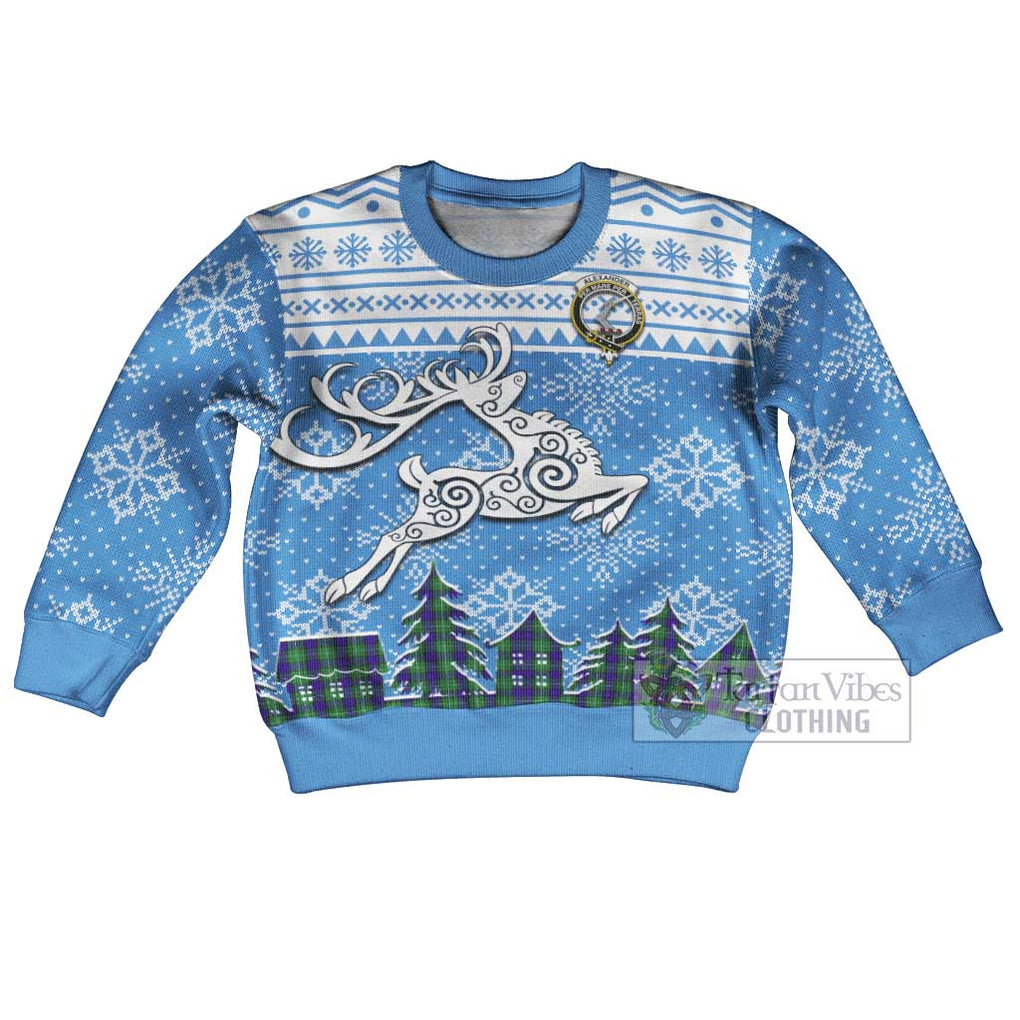 Tartan Vibes Clothing Alexander Clan Christmas Kid Ugly Sweater with Tartan and Celtic Raindeer Style