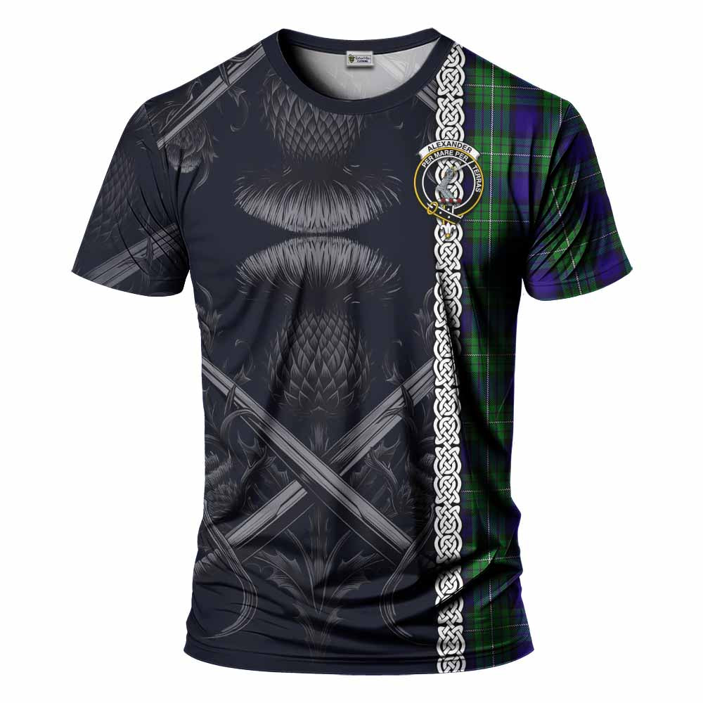 Tartan Vibes Clothing Alexander Tartan T-Shirt with Family Crest Cross Sword Thistle Celtic Vibes