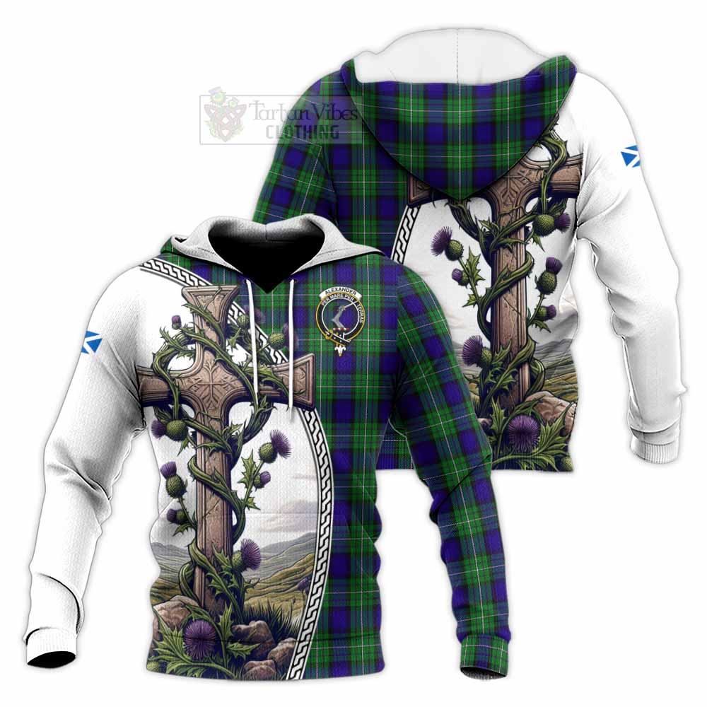 Tartan Vibes Clothing Alexander Tartan Knitted Hoodie with Family Crest and St. Andrew's Cross Accented by Thistle Vines