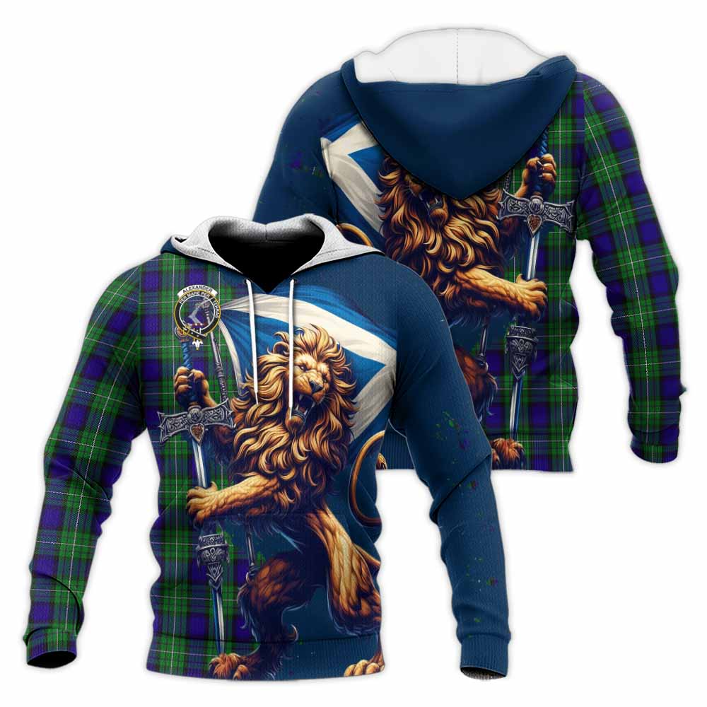Tartan Vibes Clothing Alexander Tartan Family Crest Knitted Hoodie with Scottish Majestic Lion