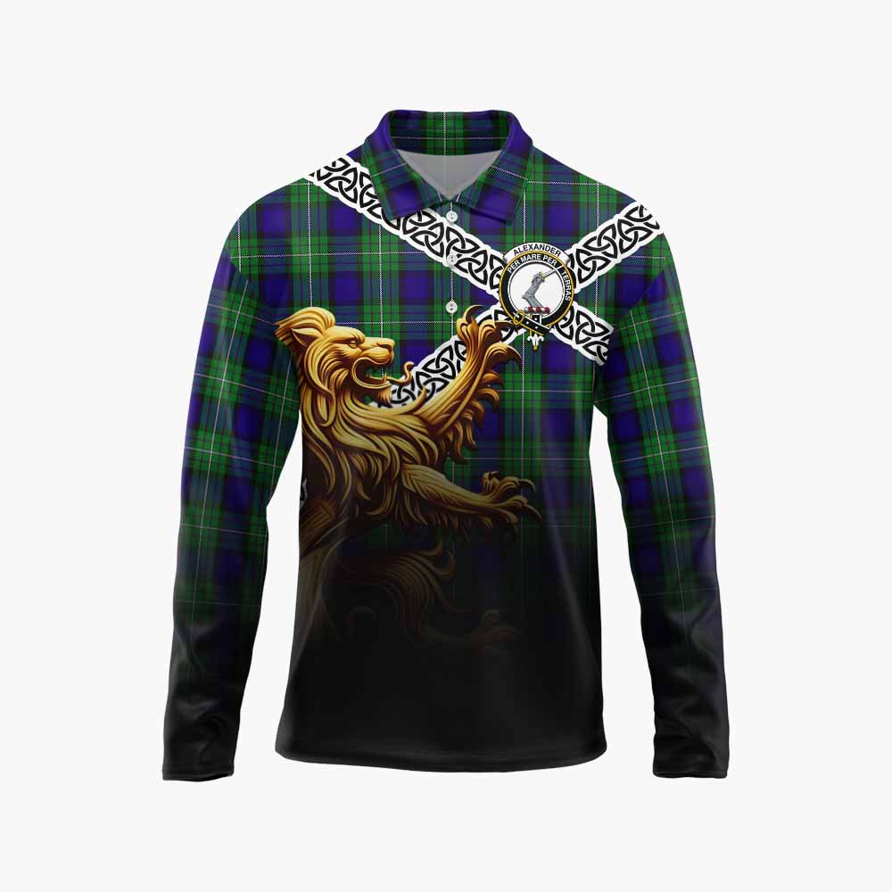 Tartan Vibes Clothing Alexander Crest Tartan Long Sleeve Polo Shirt with Golden Lion Emblem Celtic Style