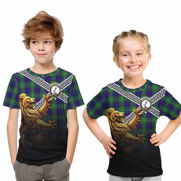Tartan Vibes Clothing Alexander Crest Tartan Kid T-Shirt with Golden Lion Emblem Celtic Style