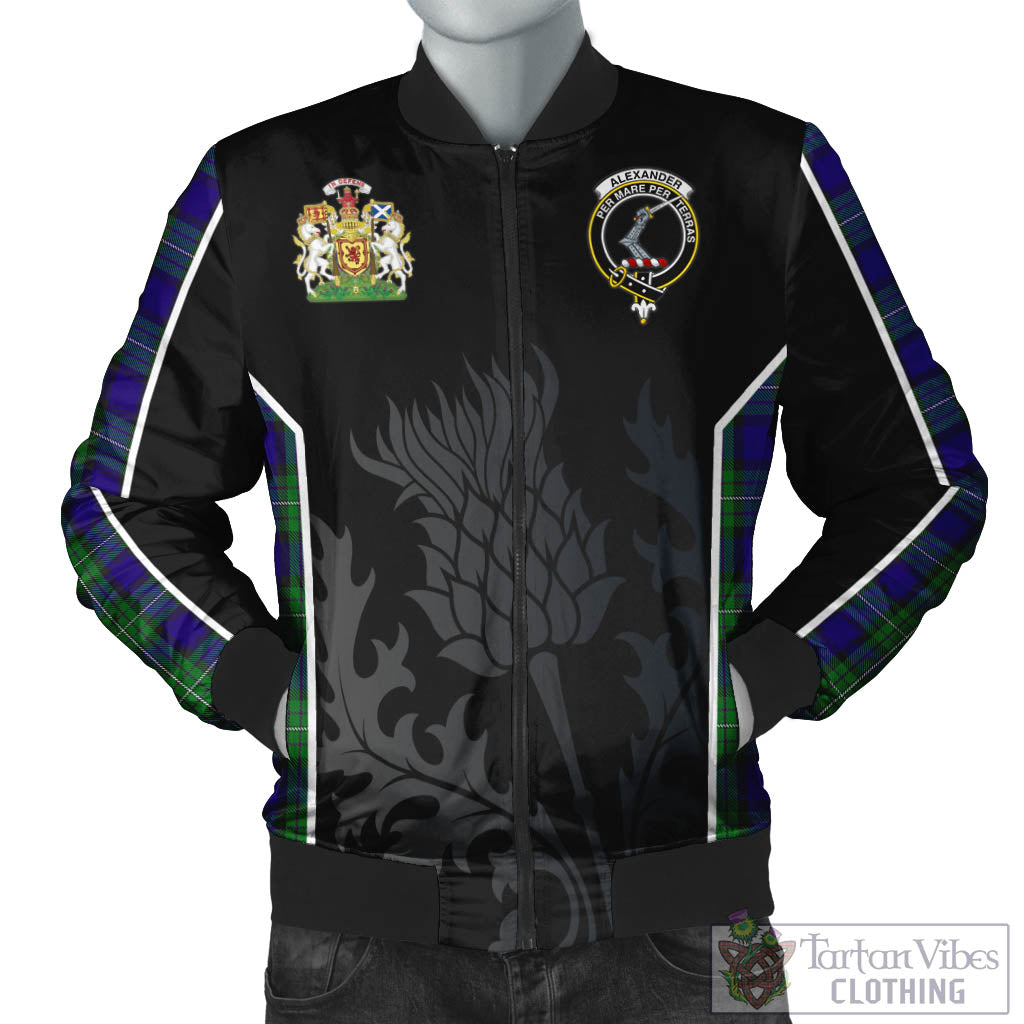 Tartan Vibes Clothing Alexander Tartan Bomber Jacket with Family Crest and Scottish Thistle Vibes Sport Style