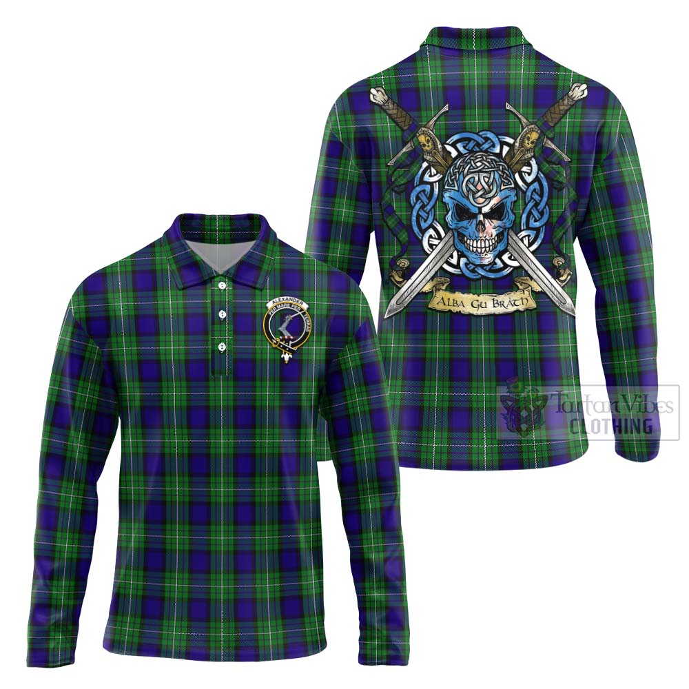 Tartan Vibes Clothing Alexander Tartan Long Sleeve Polo Shirt with Family Crest Celtic Skull Style