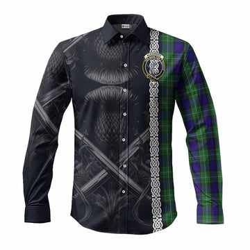 Tartan Vibes Clothing Alexander Tartan Long Sleeve Button Shirt with Family Crest Cross Sword Thistle Celtic Vibes