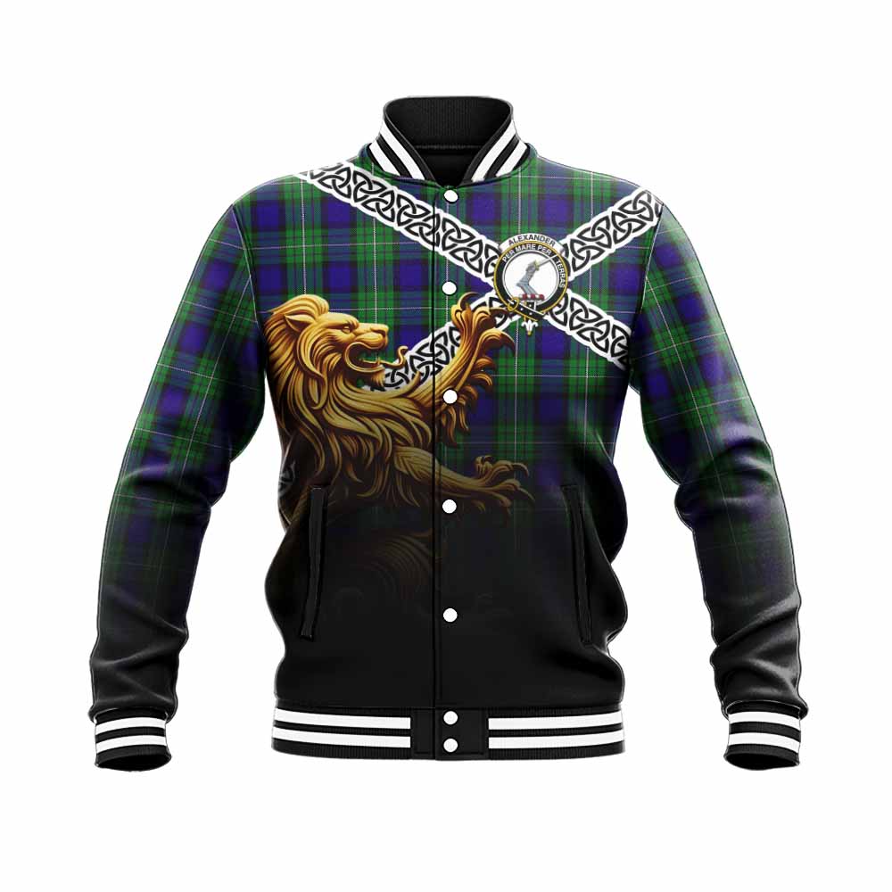 Tartan Vibes Clothing Alexander Crest Tartan Baseball Jacket with Golden Lion Emblem Celtic Style