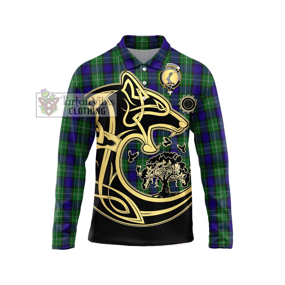 Alexander Tartan Long Sleeve Polo Shirt with Family Crest Celtic Wolf Style Unisex - Tartanvibesclothing Shop