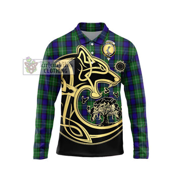 Alexander Tartan Long Sleeve Polo Shirt with Family Crest Celtic Wolf Style Unisex - Tartanvibesclothing Shop