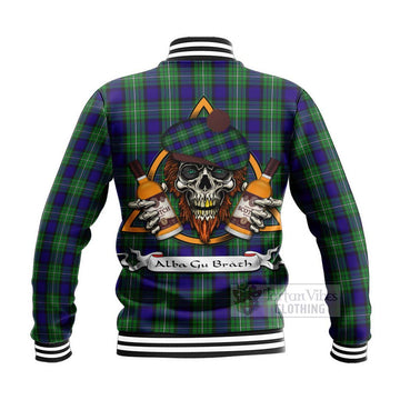 Tartan Vibes Clothing Alexander Tartan Baseball Jacket with Family Crest and Bearded Skull Holding Bottles of Whiskey