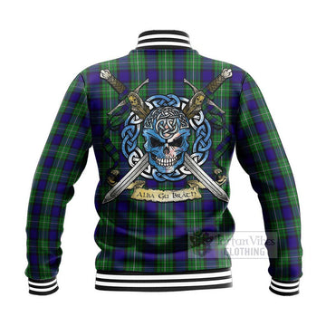 Tartan Vibes Clothing Alexander Tartan Baseball Jacket with Family Crest Celtic Skull Style