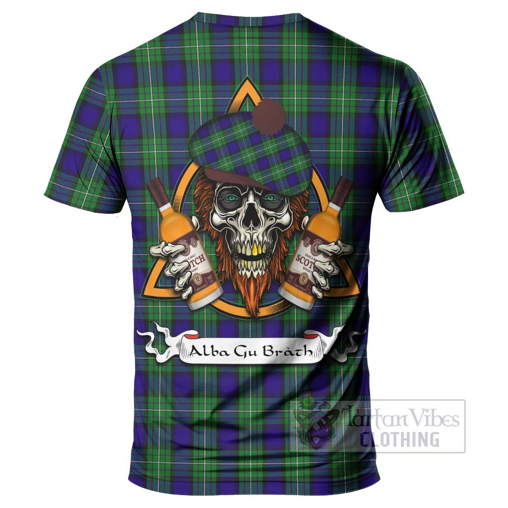 Tartan Vibes Clothing Alexander Tartan T-Shirt with Family Crest and Bearded Skull Holding Bottles of Whiskey