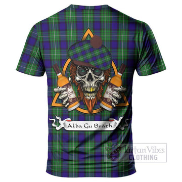 Tartan Vibes Clothing Alexander Tartan T-Shirt with Family Crest and Bearded Skull Holding Bottles of Whiskey