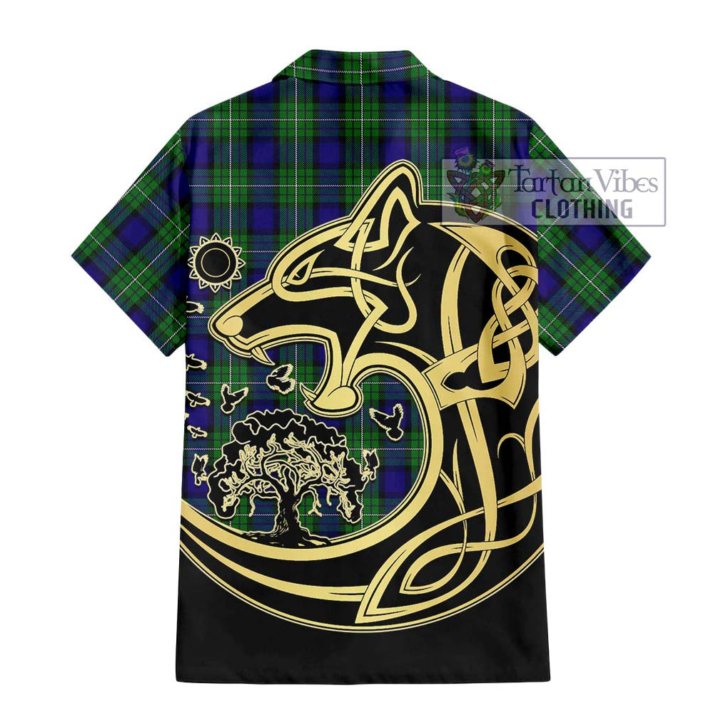 Alexander Tartan Short Sleeve Button Shirt with Family Crest Celtic Wolf Style - Tartan Vibes Clothing