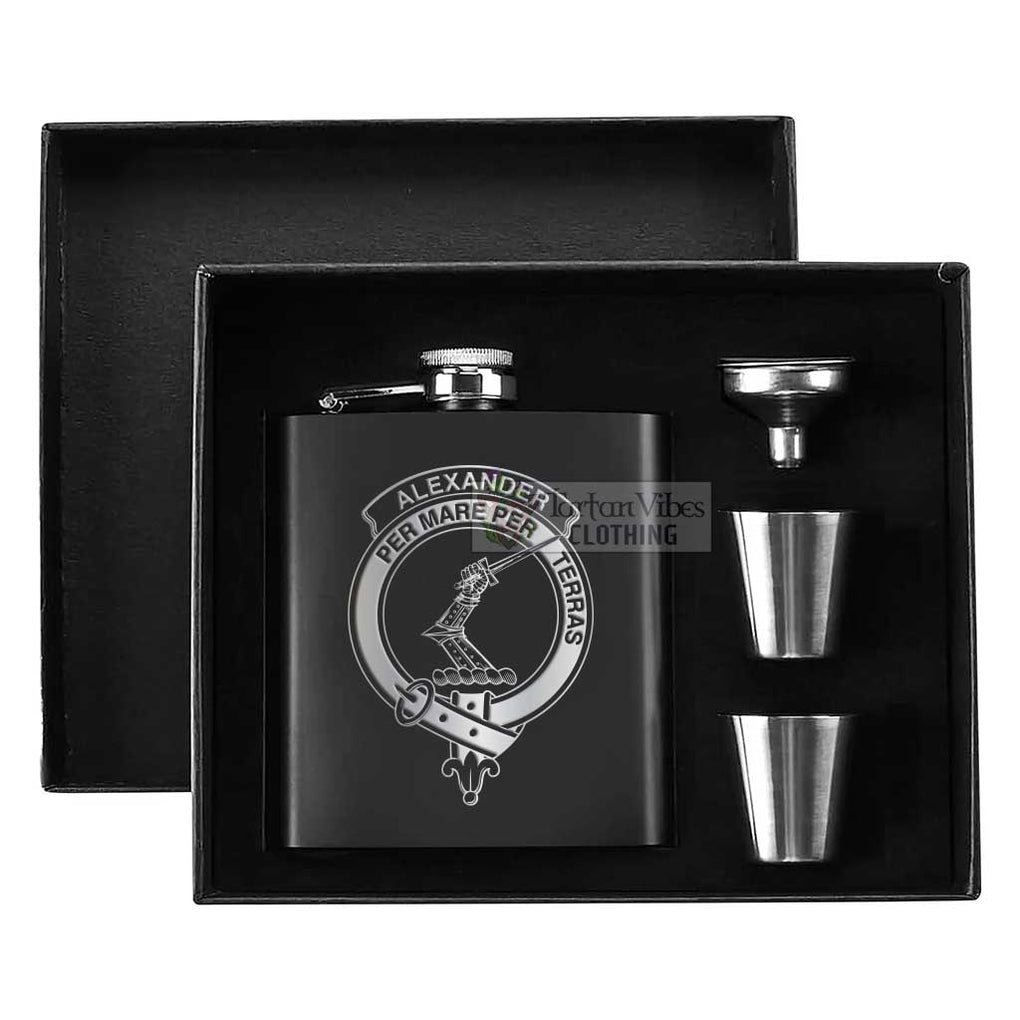 Tartan Vibes Clothing Alexander Crest Hip Flask Set 7oz Black Stainless Steel with A Gift Box