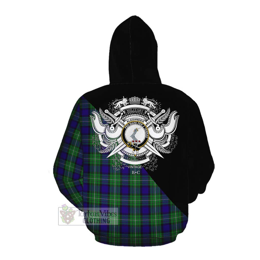 Tartan Vibes Clothing Alexander Tartan Cotton Hoodie with Family Crest and Military Logo Style