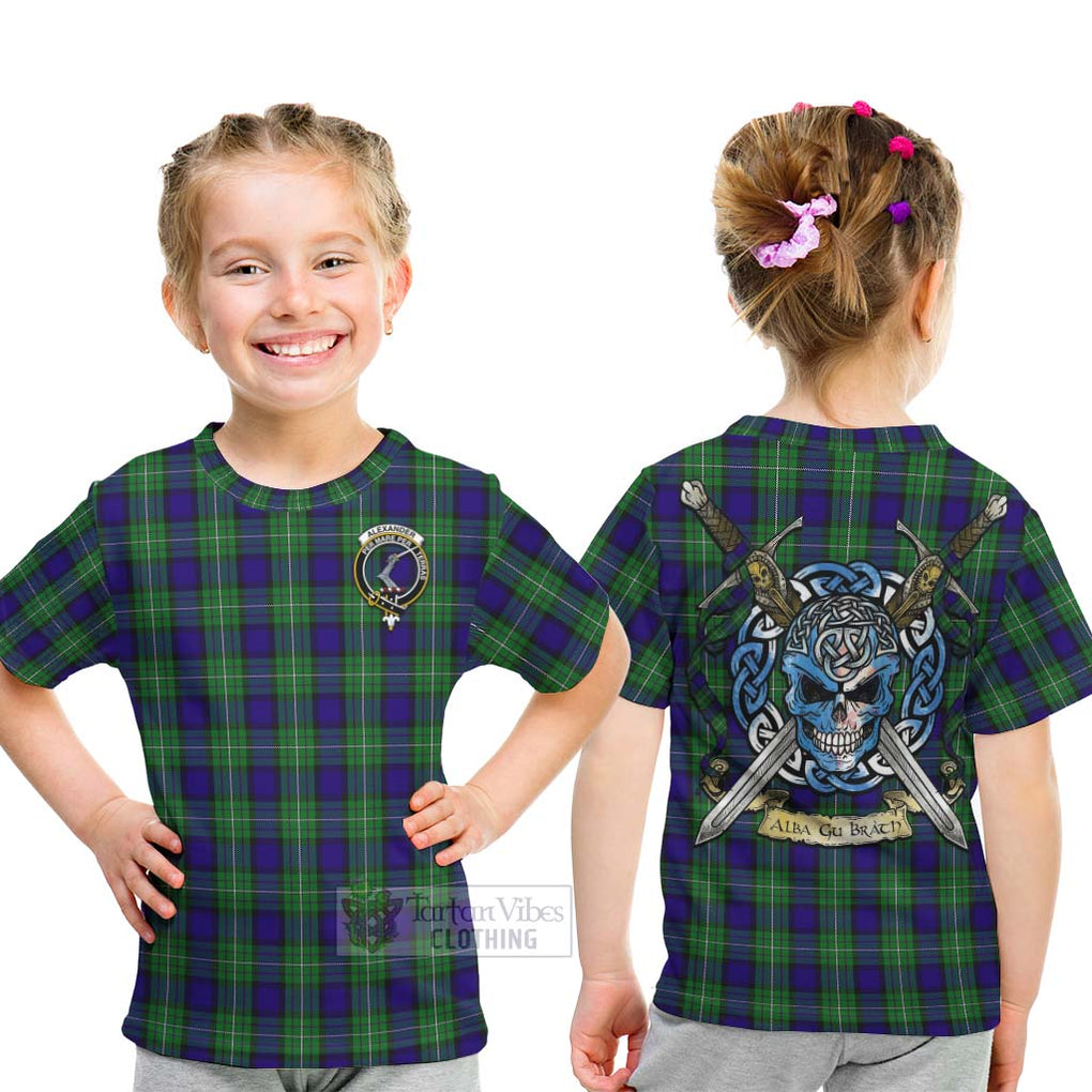 Tartan Vibes Clothing Alexander Tartan Kid T-Shirt with Family Crest Celtic Skull Style