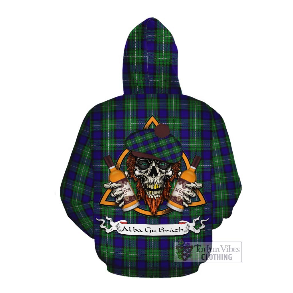 Tartan Vibes Clothing Alexander Tartan Cotton Hoodie with Family Crest and Bearded Skull Holding Bottles of Whiskey